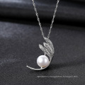 Charm CZ Feather Shape Sterling Silver Pretty Freshwater Pearl Pendant Necklaces